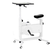 White adjustable desk bike with padded seat and built-in work surface, modern home office style