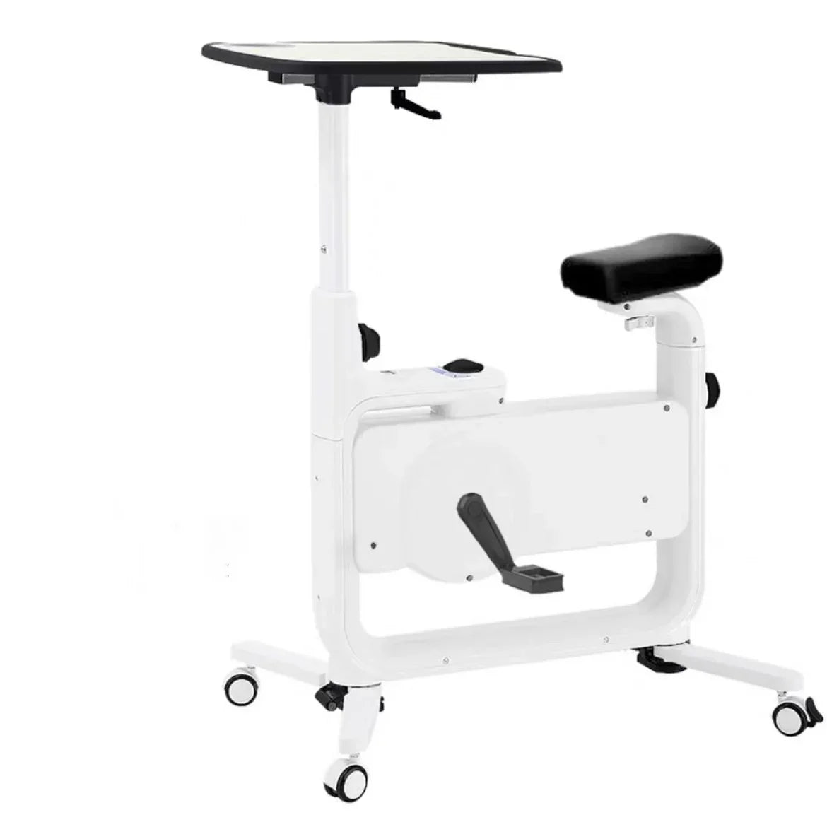 White adjustable desk bike with padded seat and built-in work surface, modern home office style