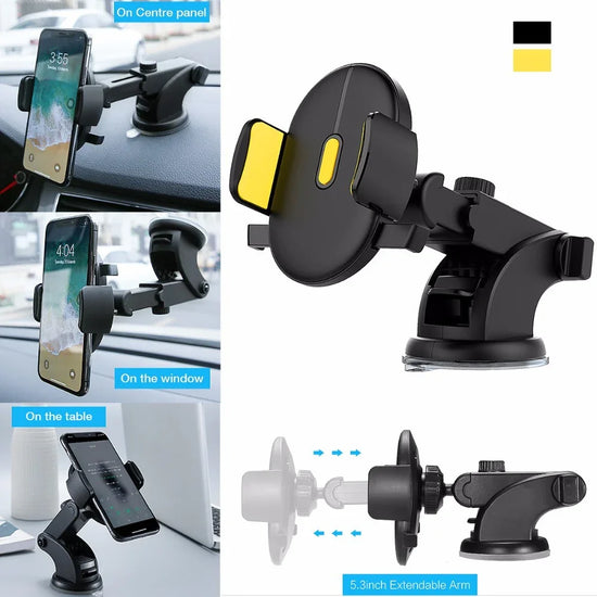 Black and yellow extendable phone holder with suction cup, adjustable for dashboard, window, or table mounting.