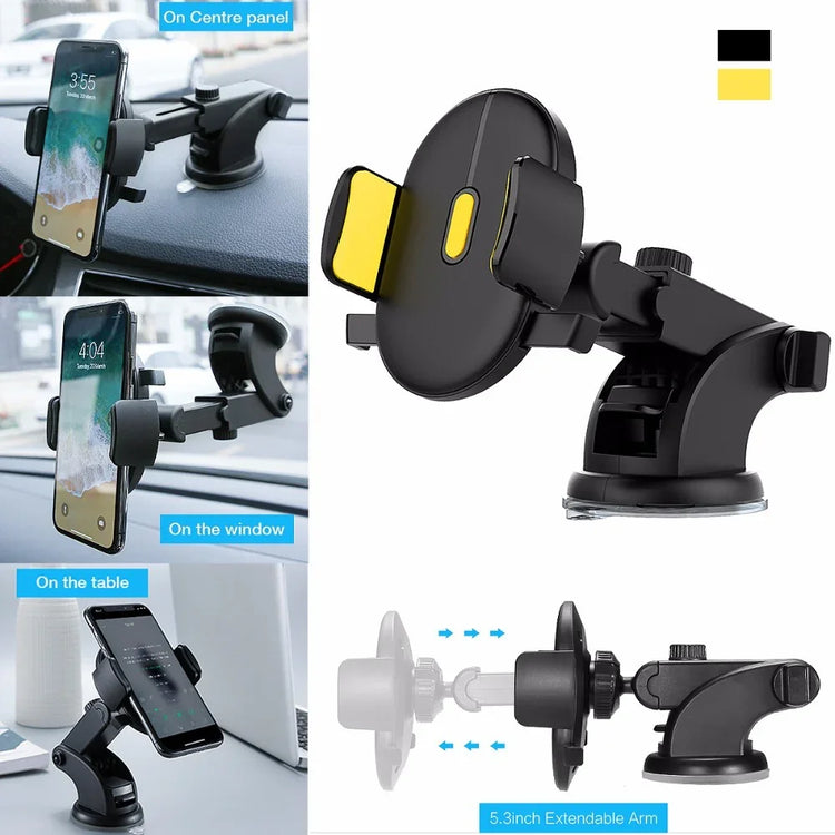 Black and yellow extendable phone holder with suction cup, adjustable for dashboard, window, or table mounting.