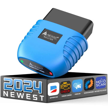 Blue OBD2 car diagnostic tool with 2024 newest label, compact plastic body, tech accessory