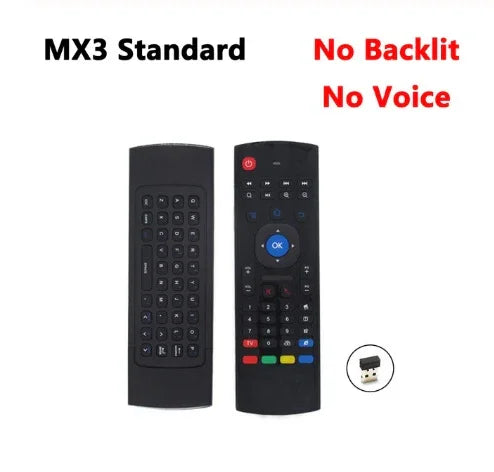 Black MX3 standard wireless remote control with keypad, no backlit or voice feature, USB receiver included.