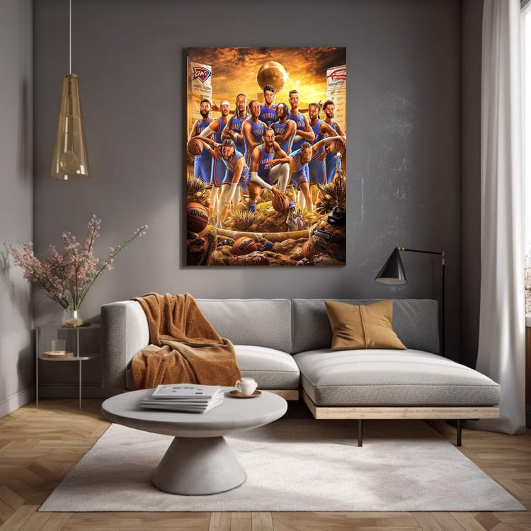 2025 West Champions Basketball Oklahoma Thunder team poster wall art in modern living room decor