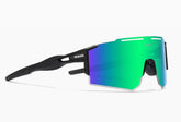 Futuristic streetwear sunglasses with black frame and oversized green reflective lens, sporty fit