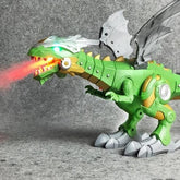 Green robotic dragon toy with silver wings, fire effect, and illuminated eyes on grey background