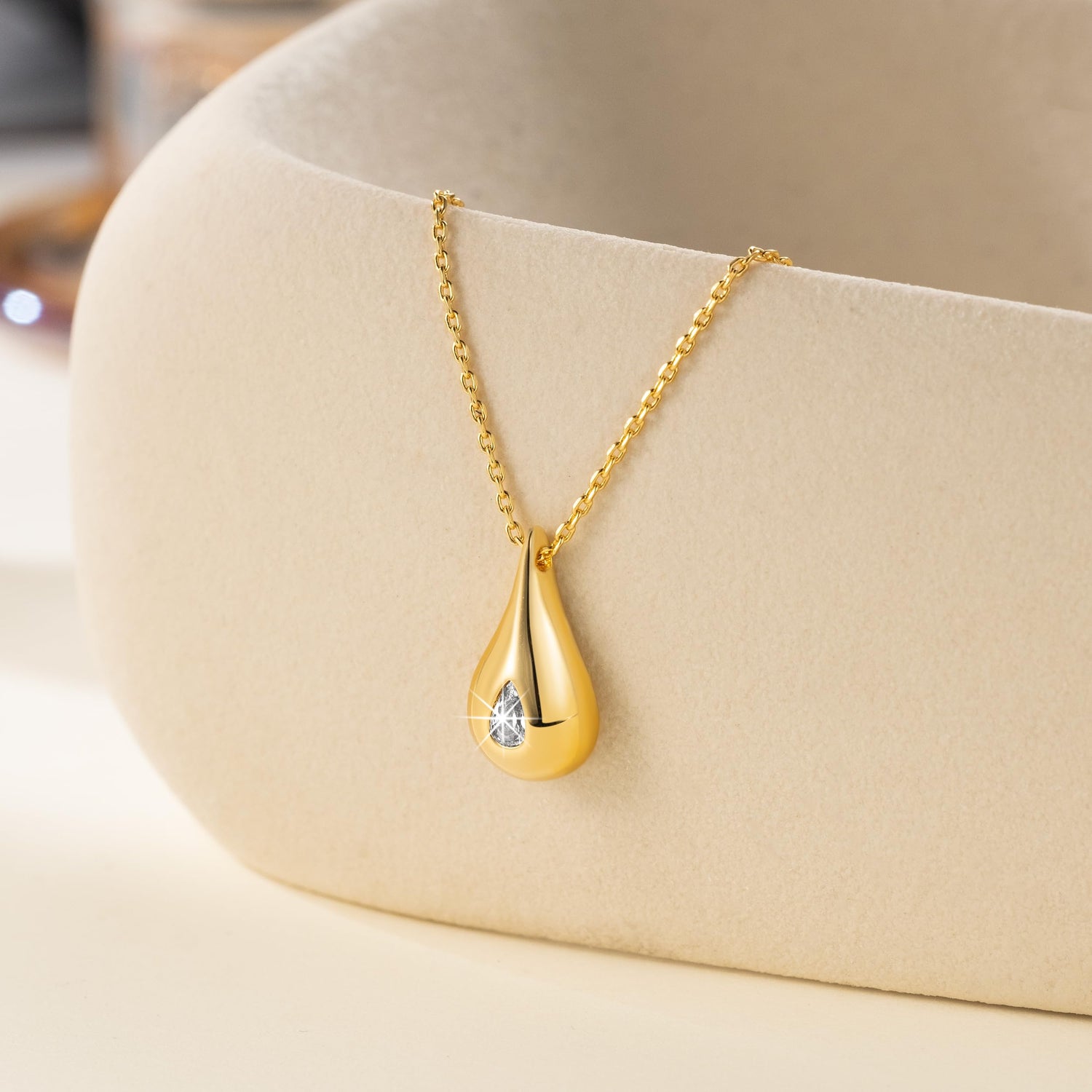 14K gold teardrop necklace for women with cubic zirconia pendant, elegant and simple design
