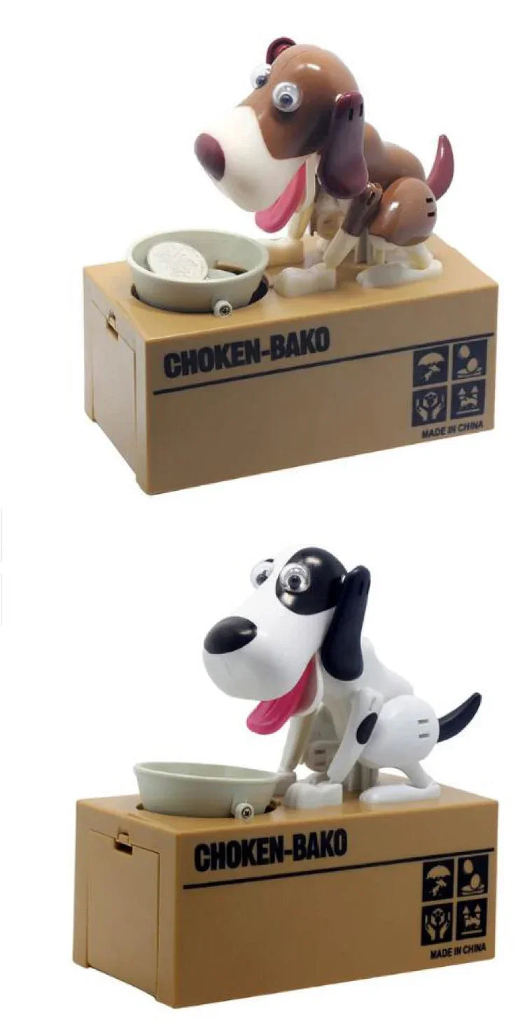 Two Choken-Bako coin bank toys shaped like dogs, one brown and one black and white, on cardboard boxes.