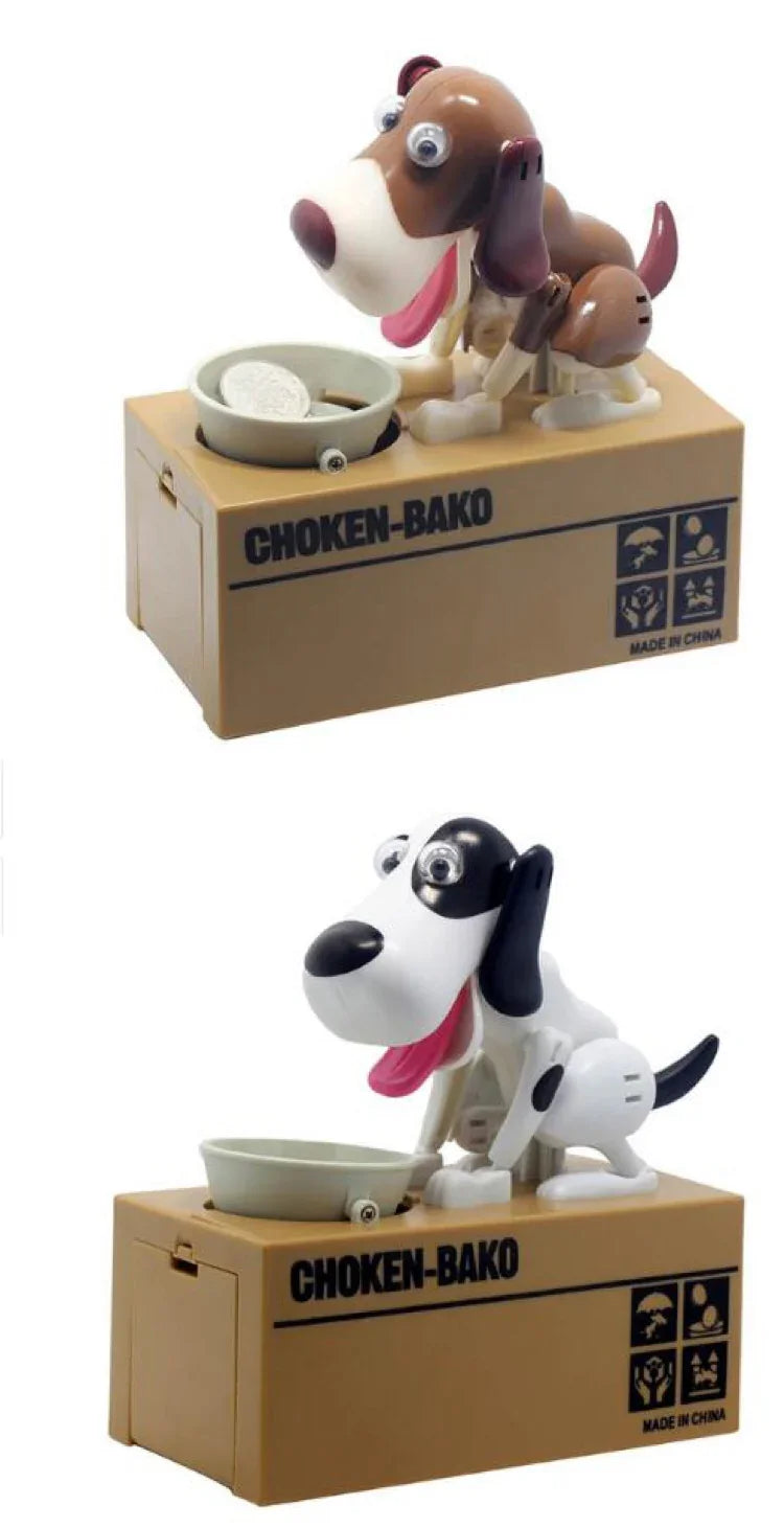 Two Choken-Bako coin bank toys shaped like dogs, one brown and one black and white, on cardboard boxes.