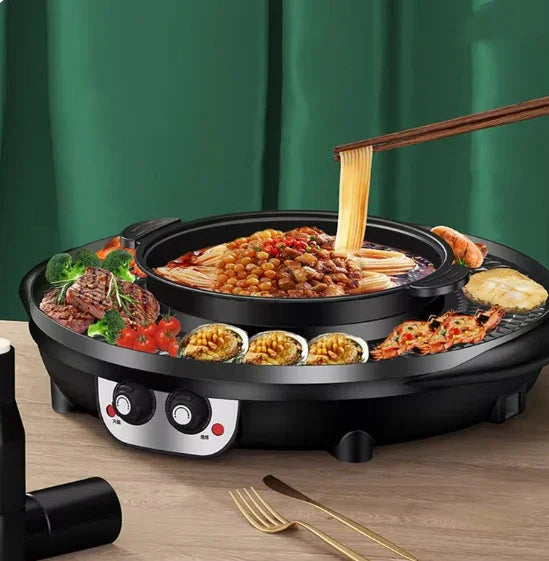 Electric hot pot grill combo with noodles, grilled steak, seafood, and vegetables on table