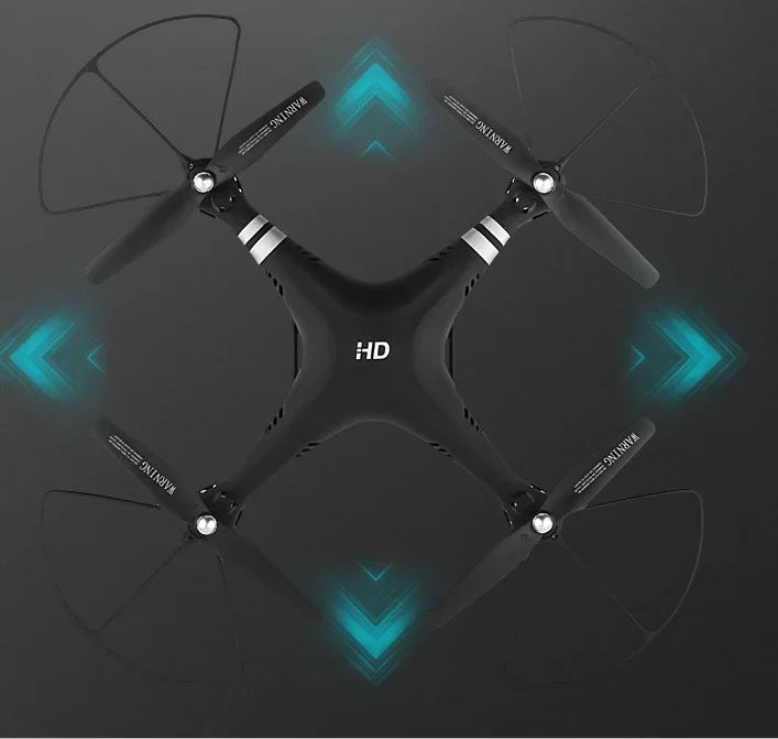 Black quadcopter drone with HD camera, sleek matte finish, modern aerodynamic design