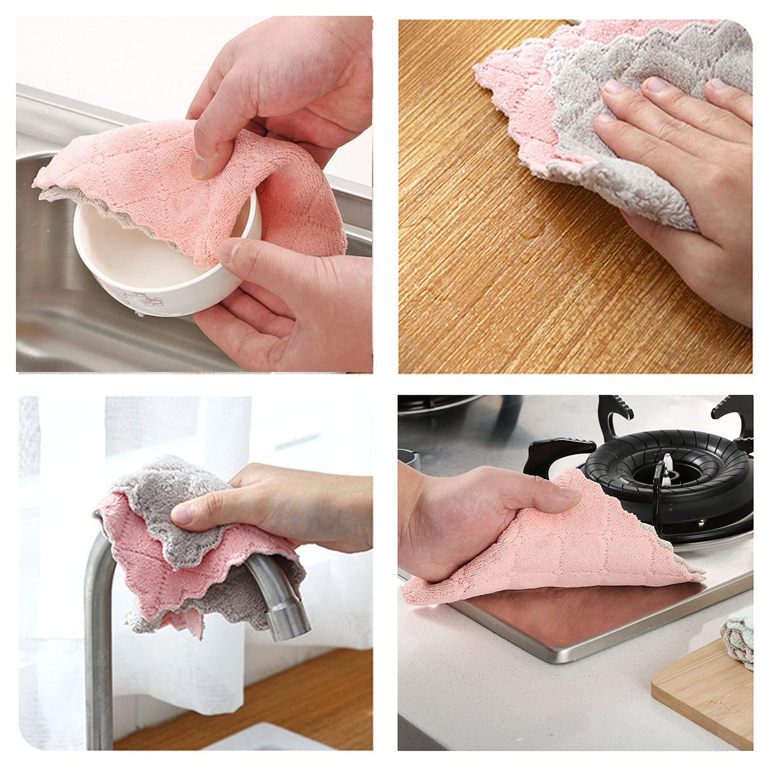 10 pack pink and grey microfiber kitchen cloths for cleaning, drying, and polishing with super absorbent coral velvet material