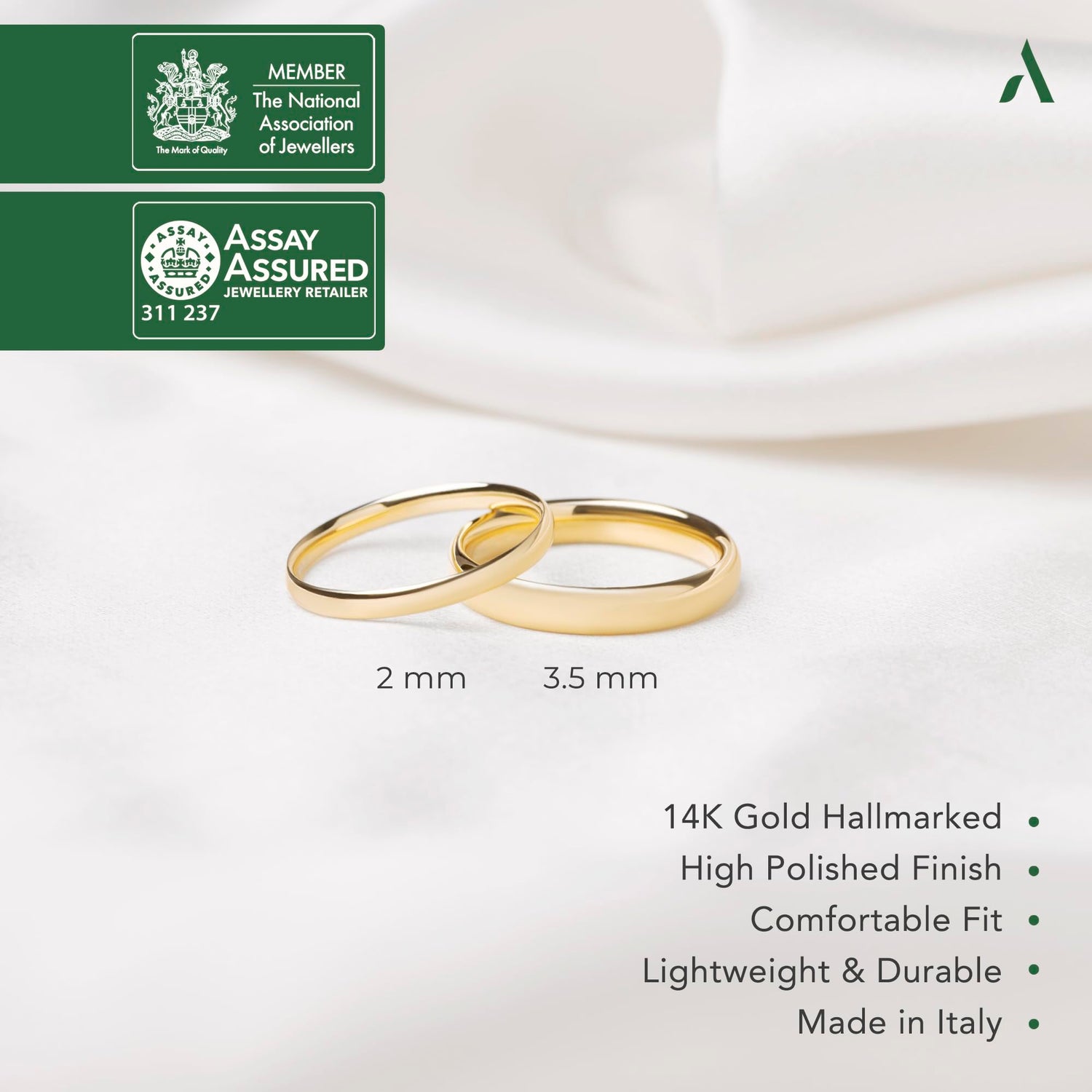 Amberta Solid Italian 14K gold wedding bands for women and men in polished yellow gold, 2 mm and 3.5 mm thickness, lightweight and comfortable fit