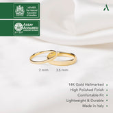 Amberta Solid Italian 14K gold wedding bands for women and men in polished yellow gold, 2 mm and 3.5 mm thickness, lightweight and comfortable fit