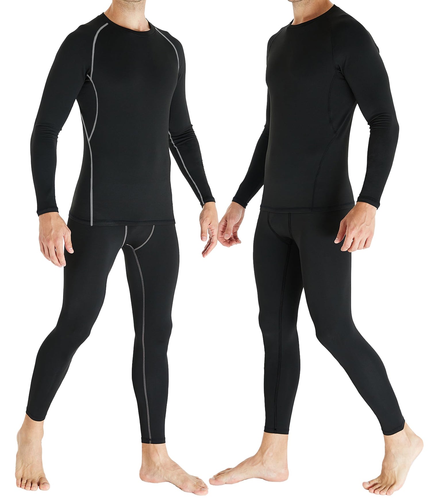 TELALEO 2 Set Mens Thermal Underwear fleece-lined black long johns base layer shirts and pants for winter