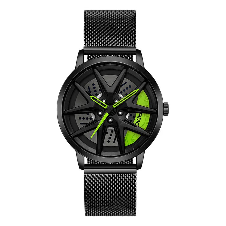 Black mesh band wristwatch with black and neon green dial, sporty and modern style