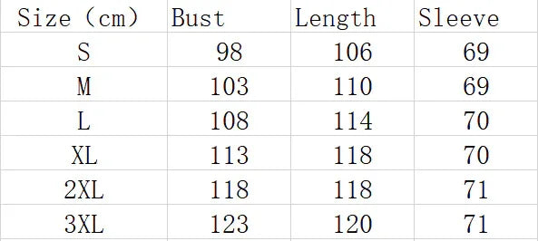 Size chart for streetwear apparel showing bust, length, and sleeve measurements in centimeters for sizes S to 3XL.