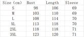 Size chart for streetwear apparel showing bust, length, and sleeve measurements in centimeters for sizes S to 3XL.