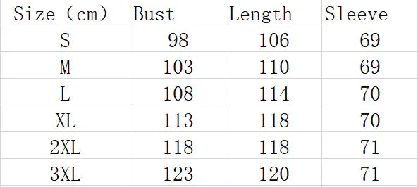 Size chart for streetwear apparel showing bust, length, and sleeve measurements in centimeters for sizes S to 3XL.