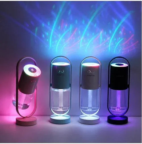 Colorful LED water bottle humidifiers with glowing light effects, modern cylindrical design