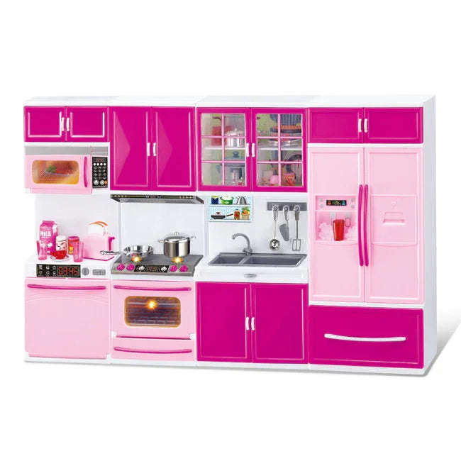 Pink and purple plastic toy kitchen set with cabinets, stove, oven, and fridge.