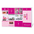 Pink and purple plastic toy kitchen set with cabinets, fridge, oven, and sink