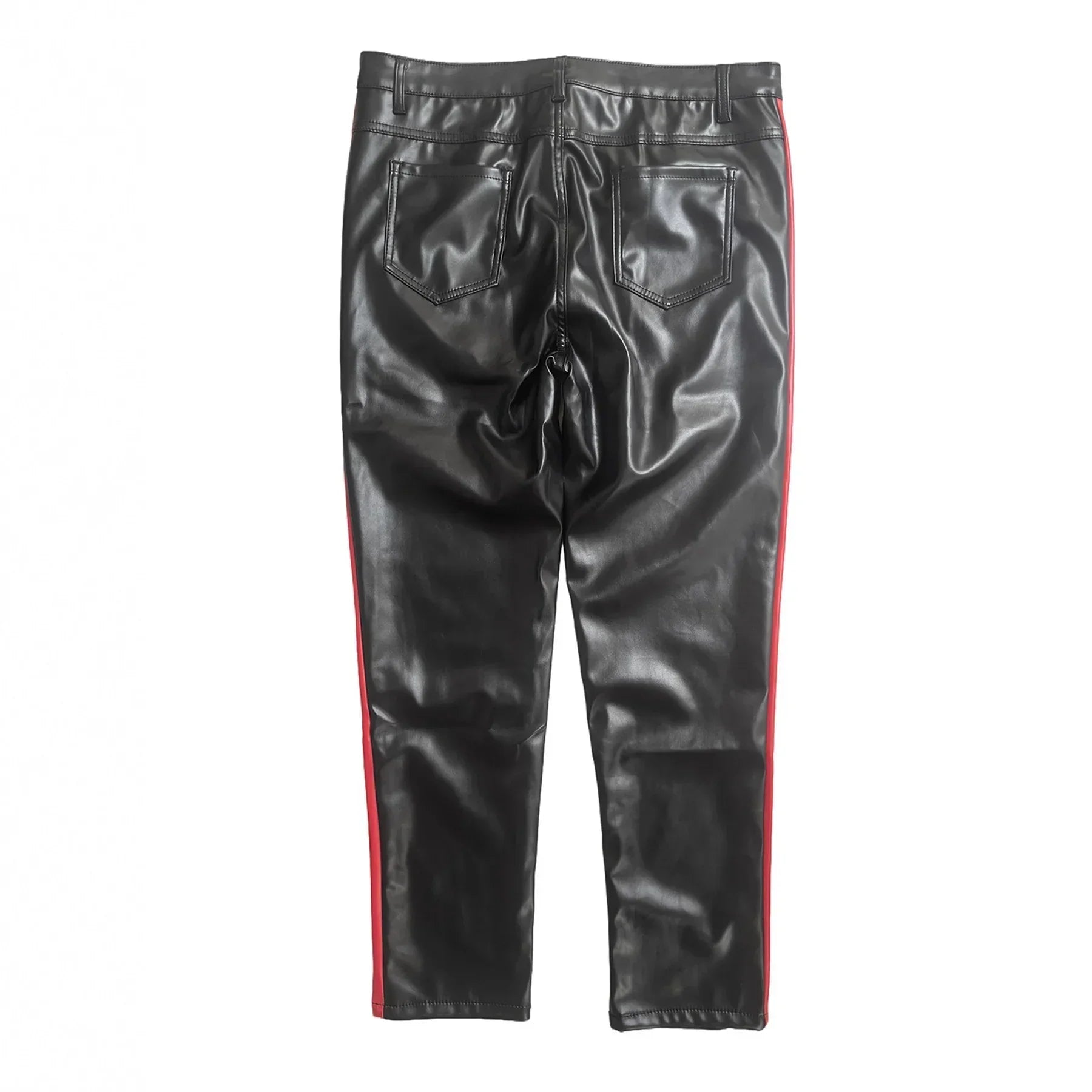 Black faux leather pants with red side stripes, slim fit, back pockets, streetwear style