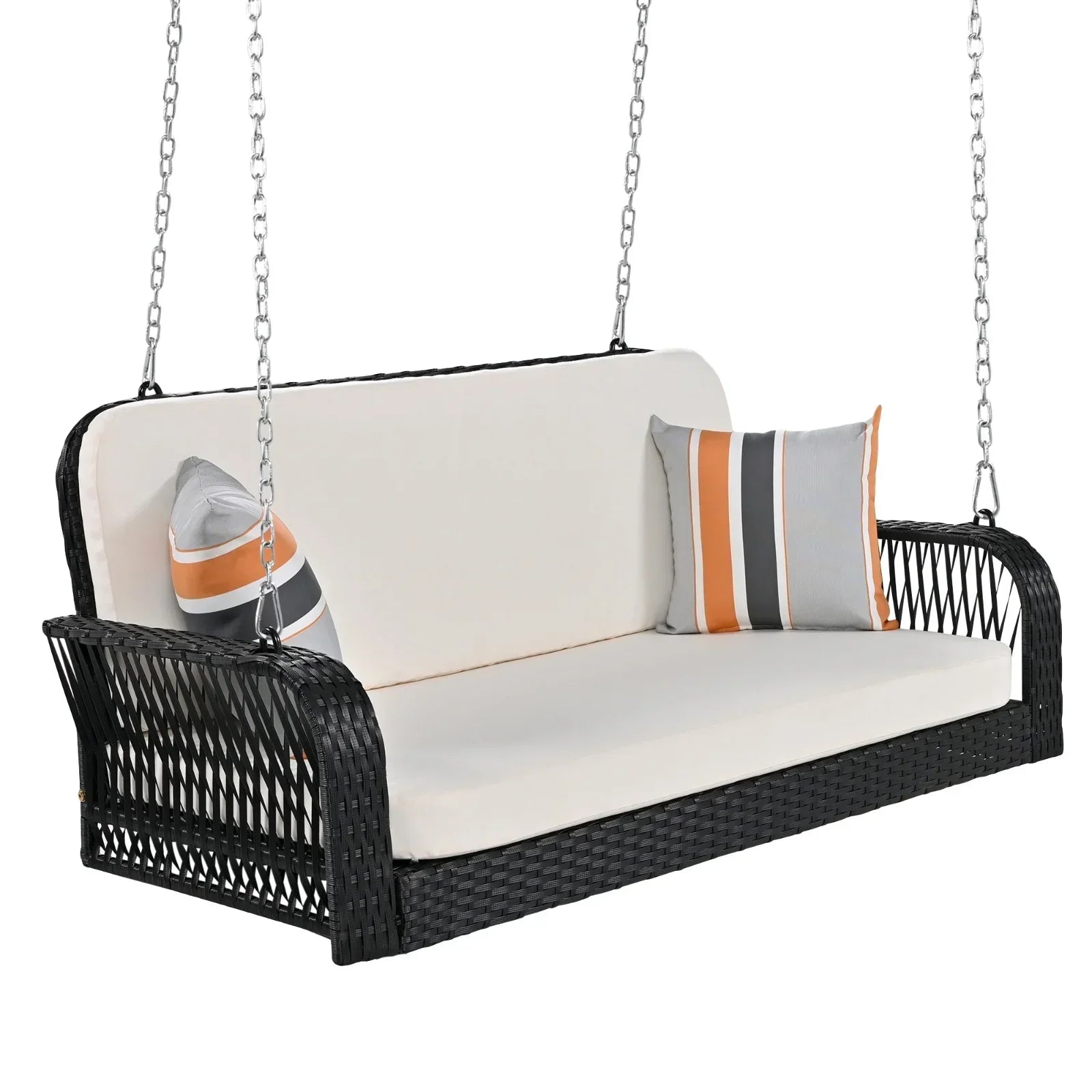 Black rattan hanging swing with white cushions and striped accent pillows