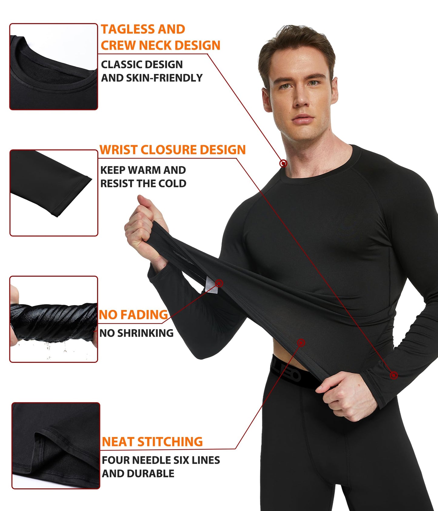 TELALEO 2 Set Mens Thermal Underwear Fleece Lined Long Johns 4 Pcs Base Layer Shirts Pant for Cold Winter Weather L