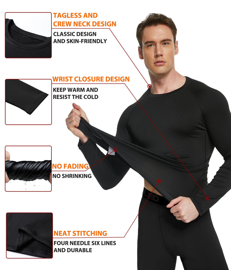 TELALEO 2 Set Mens Thermal Underwear fleece lined black long johns with snug fit and moisture wicking features