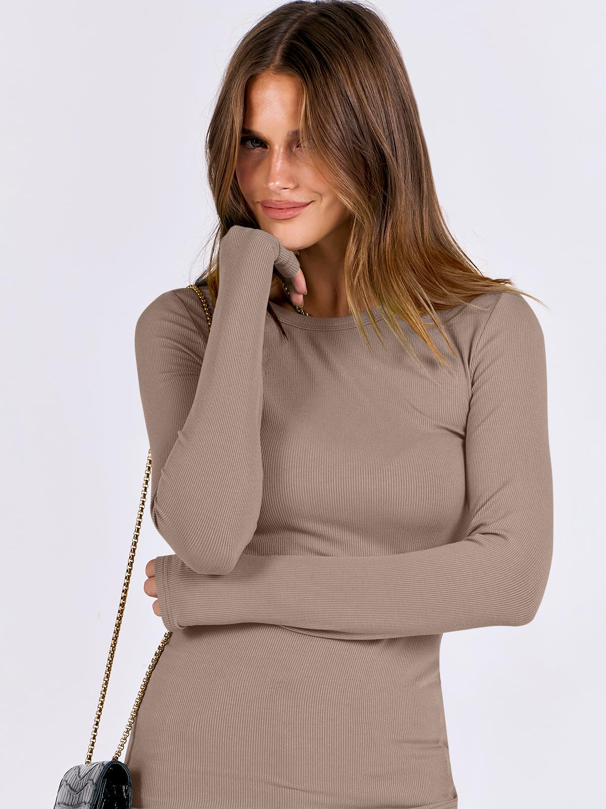 Slim fit light khaki women long sleeve rib knit shirt by ANRABESS