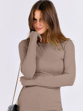 Slim fit light khaki women long sleeve rib knit shirt by ANRABESS