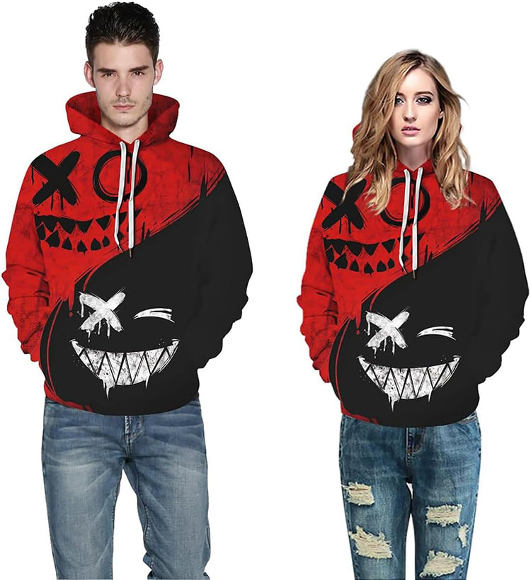 Mens hoodies pullover with 3D graphic design in red and black, long sleeves, hood, and front pocket.