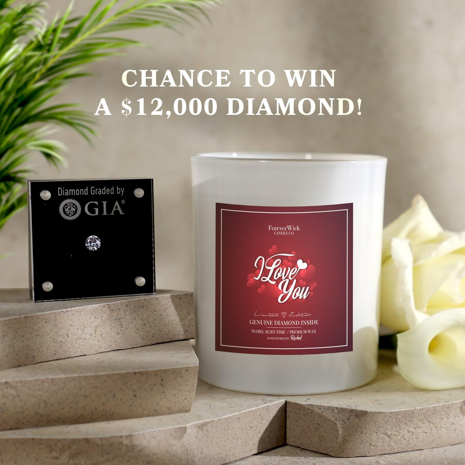 I Love You Candle with genuine diamond inside by ForeverWick, scented soy anniversary candle gift for women