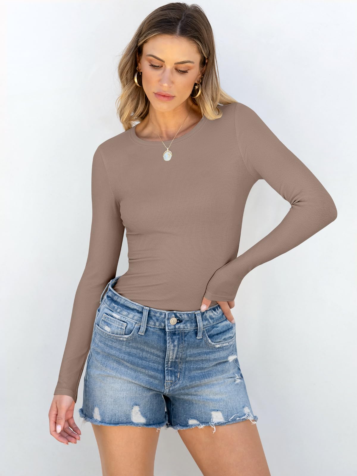 Slim fit light khaki rib knit long sleeve shirt for women by ANRABESS