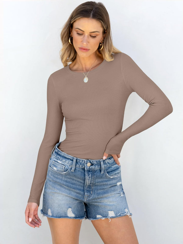 Slim fit light khaki rib knit long sleeve shirt for women by ANRABESS