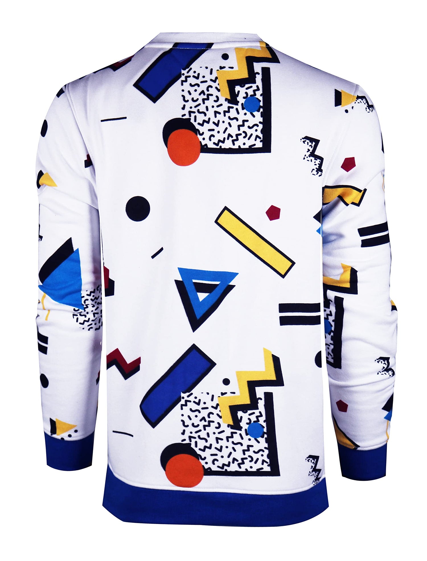 Mens urban hip hop fleece pullover with colorful geometric streetwear design on white background