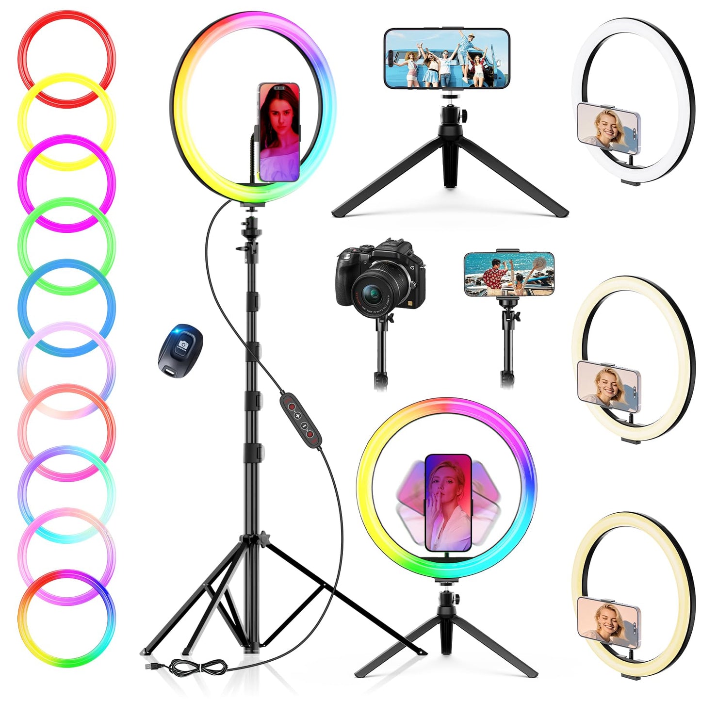 12" Selfie Ring Light with 73" Extendable Tripod Stand: PEYOU Desk Selfie Lights 38 Color Modes, Upgrade 3 in 1 Dimmable Adjustable Speed Ring Light for Makeup/TIK Tok/YouTube