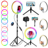 12" PEYOU selfie ring light with 73" adjustable tripod, 38 color modes, Bluetooth remote, and USB powered for makeup and video recording