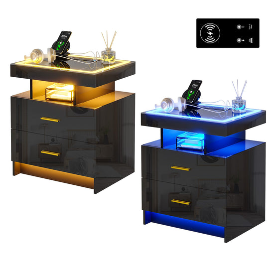 HNEBC Auto LED Nightstand Set of 2, Smart Night Stand with Charging Station & USB Ports, High Gloss Bedside Table has 2 Drawers,Modern End Side Table for Bedroom (Black)