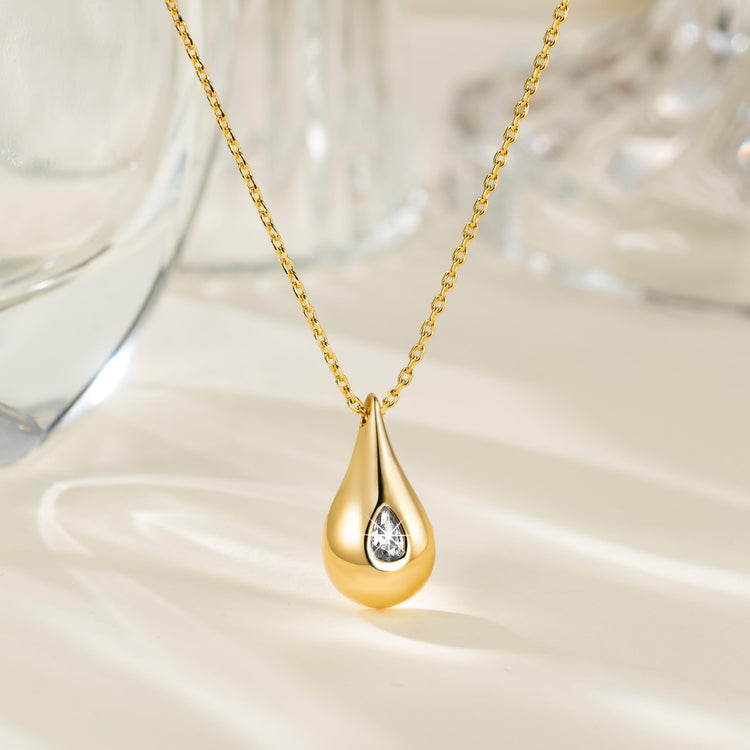 14K gold teardrop necklace for women with cubic zirconia pendant on delicate chain