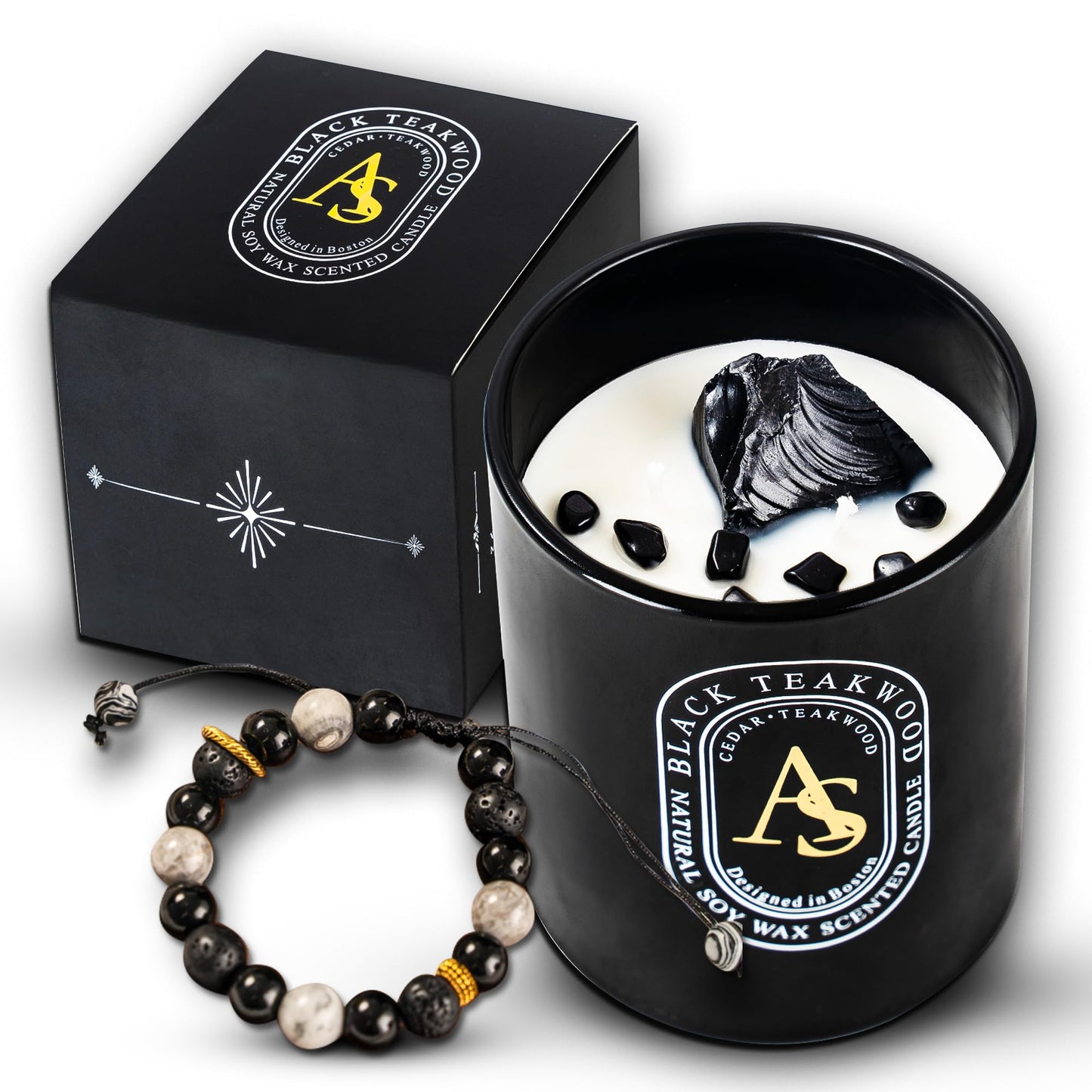 Scented Candle for Men with Luxurious Obsidian Bracelet, Teakwood for Home Scented, Hand-Poured Natural Soy Wax, Stress Relief Masculine Gift for Men, Dad, Boyrfriend, Powerful Manifestation Crystals
