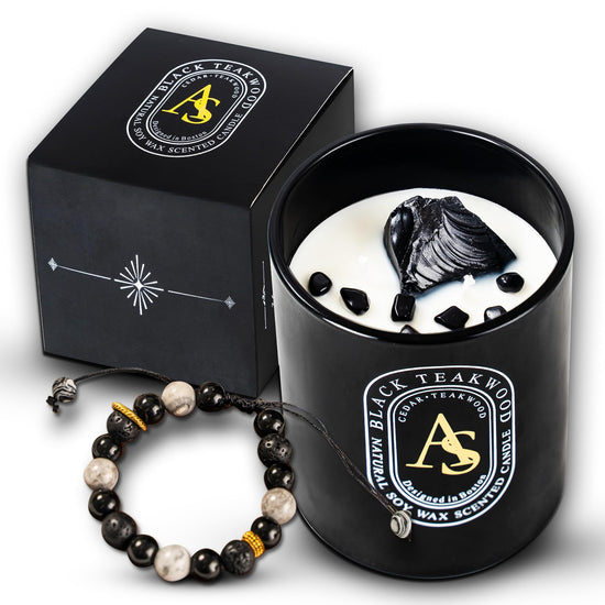 Black teakwood scented candle for men with obsidian crystals and natural stone bracelet gift set