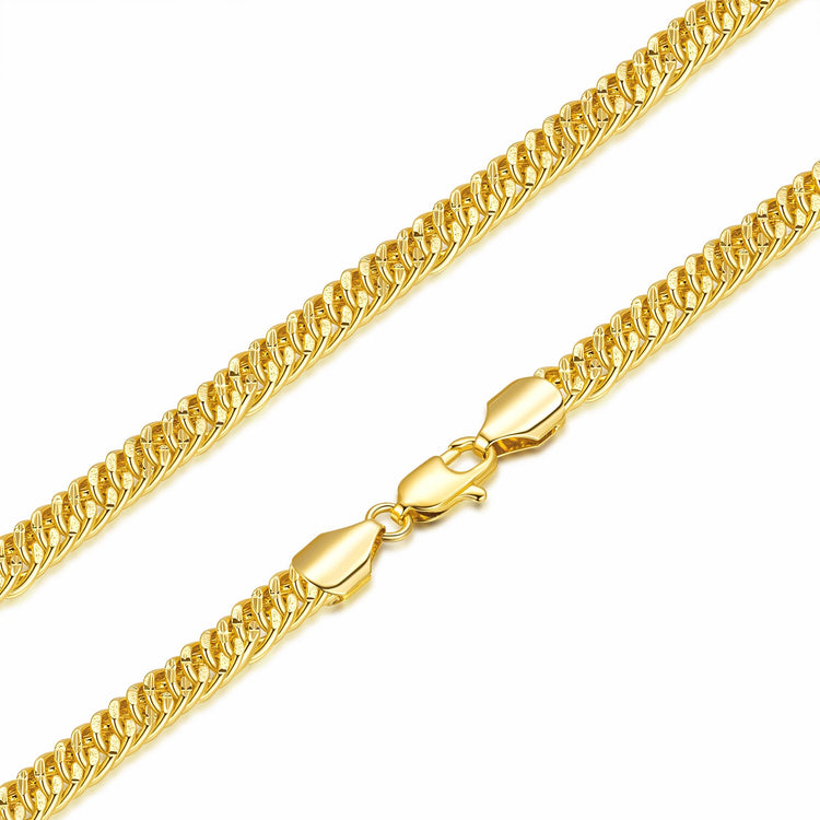 14K gold Cuban link chain necklace with a chunky 6mm width and unique engraved patterns, unisex design, available in multiple lengths.