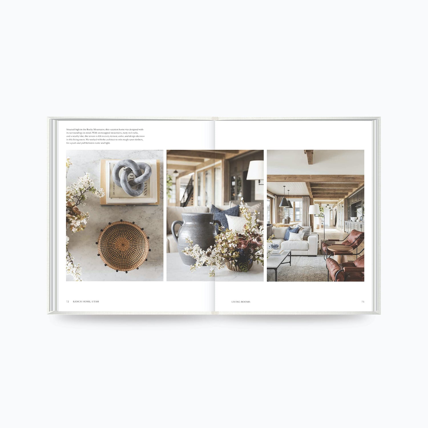 Open book spread of The Art of Home by Shea McGee showing interior design photos and styling tips