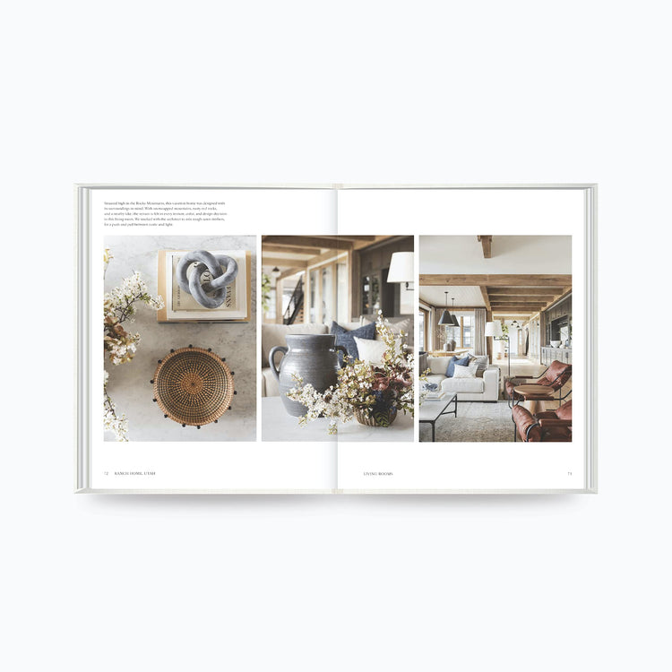 Open book spread of The Art of Home by Shea McGee showing interior design photos and styling tips