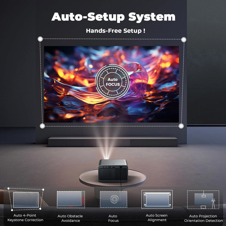 Lisowod L03Pro mini-projector with WiFi and Bluetooth featuring AI auto-setup system, 1080P resolution, and built-in apps for streaming.