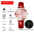 Rose gold watch with pink dial, luminous hands, red leather strap, and waterproof design.