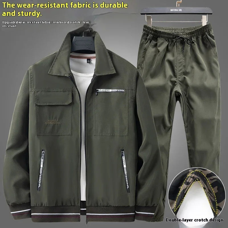 Men's olive green streetwear tracksuit set with zip jacket and joggers, durable fabric, relaxed fit.