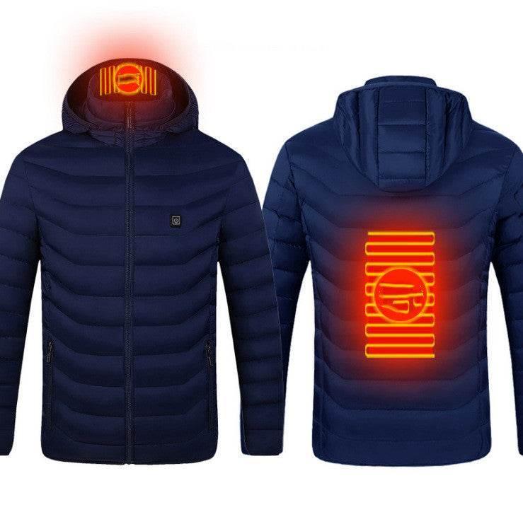 Navy blue heated puffer jacket with hood, synthetic material, slim fit, front and back heating zones