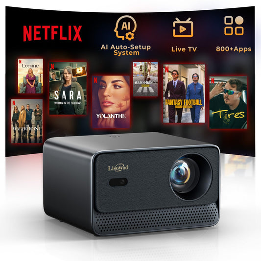 Projector with WiFi and Bluetooth, Mini-Projector: [For Netflix & AI Auto-Setup System & Live TV& 1000ANSI & 800+Built-inApps &Browser],Lisowod L03Pro 1080P Smart Portable-Outdoor-Movie Projector